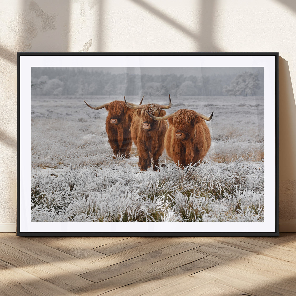 10396-MGC-FP-36x24_Black-Highland Cattle Wall Art – Rustic Winter Landscape Canvas Print, Farmhouse Decor for Living Room, Office, Cabin or Country Home