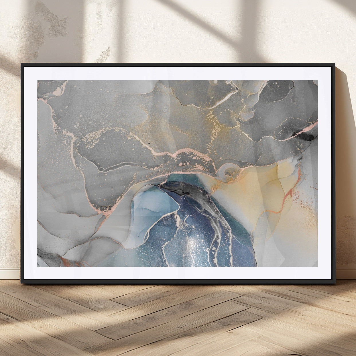 63211-MGC-FP-36x24_Black-Abstract Fluid Art Wall Decor – Blue, Gray & Gold Canvas Print, Modern Home and Office Wall Art Decor for Living Room, Bedroom or
