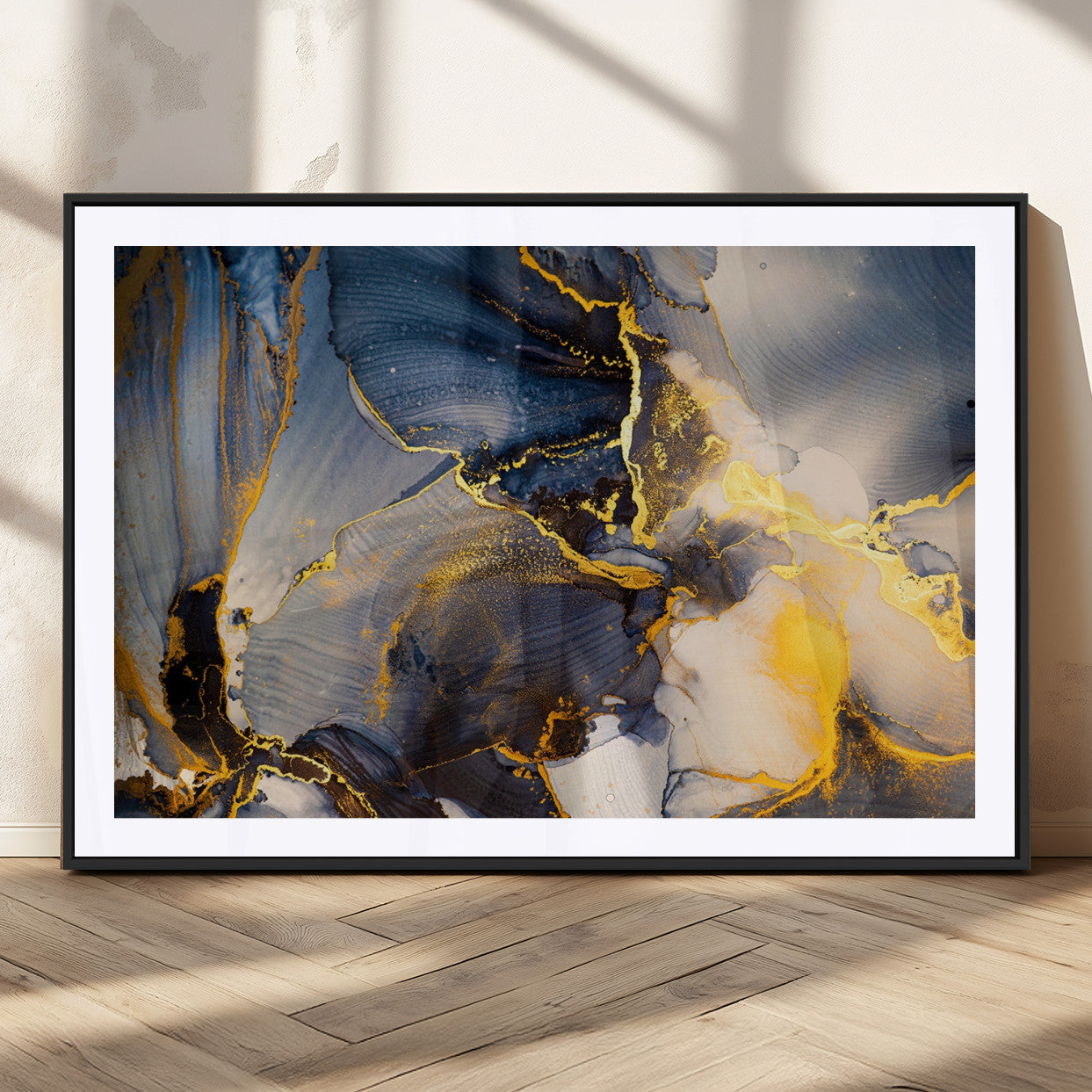 42100-MGC-FP-36x24_Black-Golden Flow Abstract Wall Art – Panoramic Modern Blue and Gold Canvas Print, Contemporary Artistic Decor for Home, Office