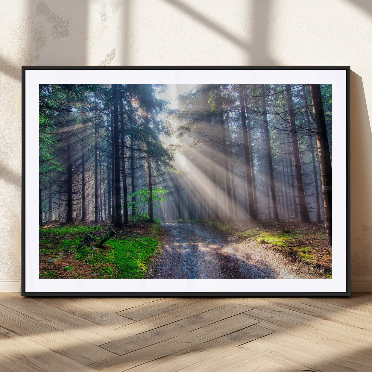 42047-MGC-FP-36x24_Black-Sunlit Forest Path Wall Art – Nature Canvas Print, Serene Woodland Landscape, Perfect Home & Office Decor for Calm and Tranquil