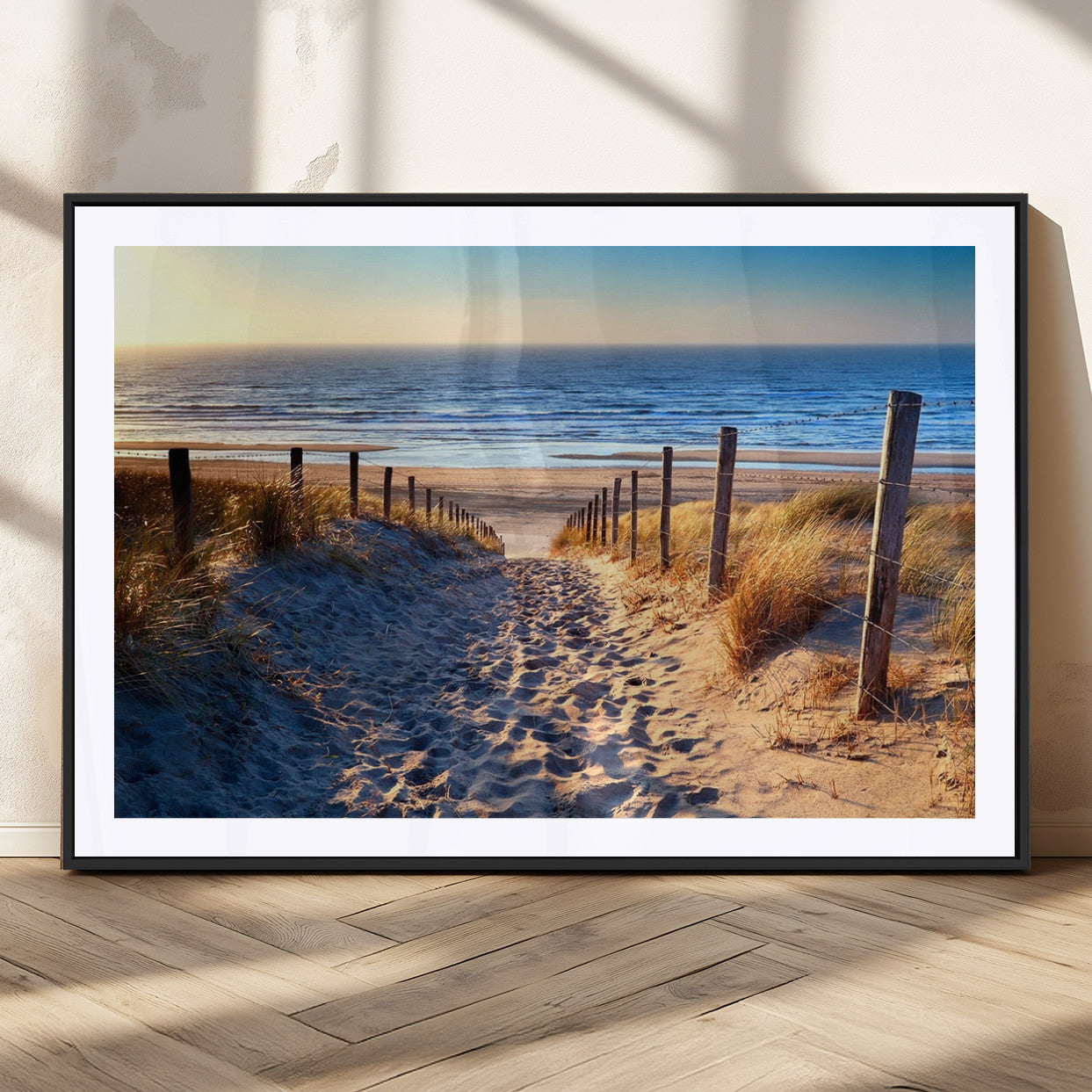 31889-MGV-CV-36X24-Sandy Beach Pathway Wall Art – Coastal Dune Fence and Ocean View Canvas Print, Relaxing Seaside Landscape Decor for Living Room or