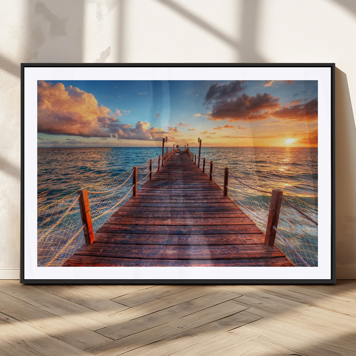 28836-MGV-CV-36X24-Ocean Pier Sunset Wall Art – Wooden Dock and Golden Horizon Canvas Print, Coastal Seascape Photography for Living Room, Bedroom,