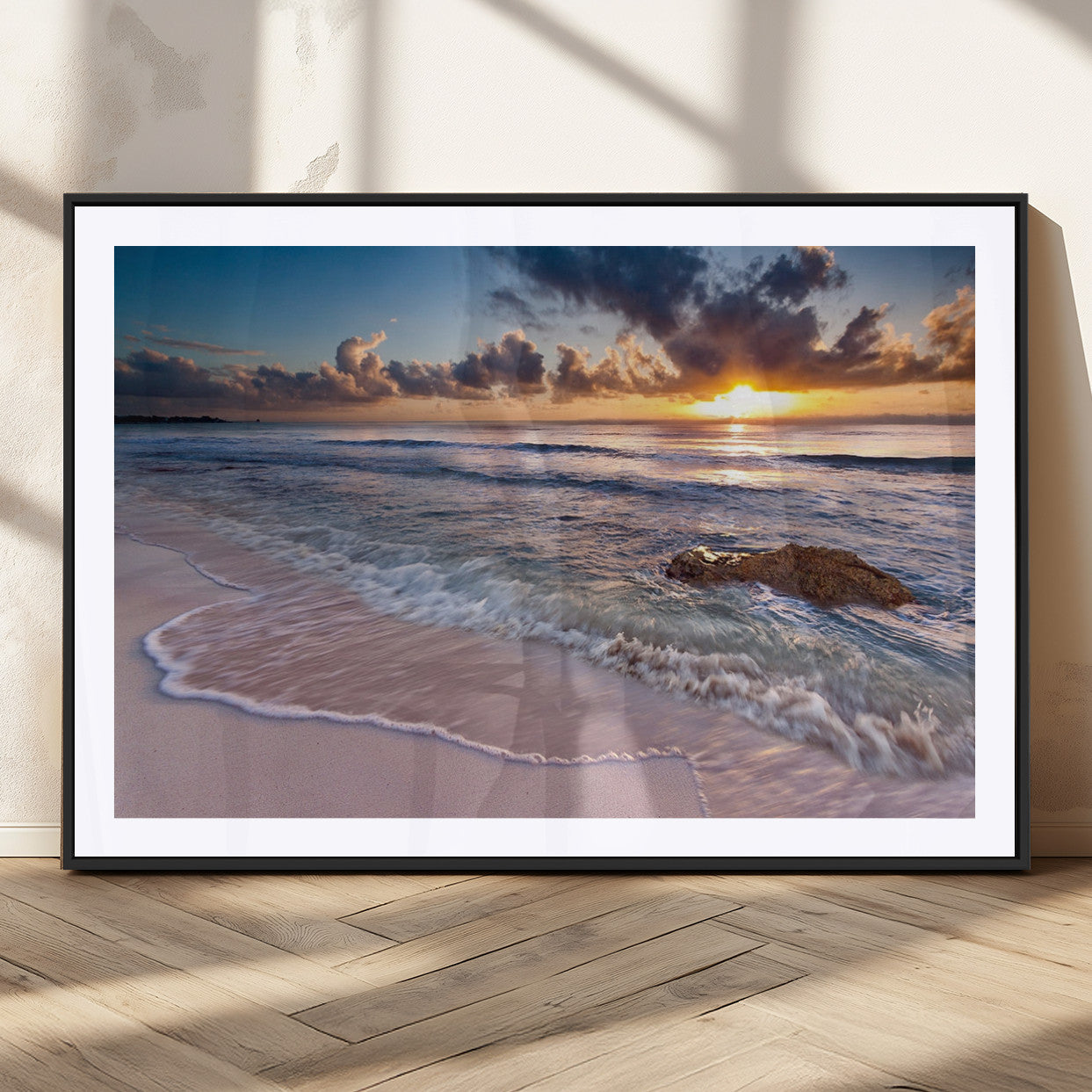 94906-MGV-CV-36X24-Sunrise Beach Wall Art – Panoramic Ocean Waves Canvas Print, Coastal Sunset Seascape Artwork for Living Room, Bedroom, or Office