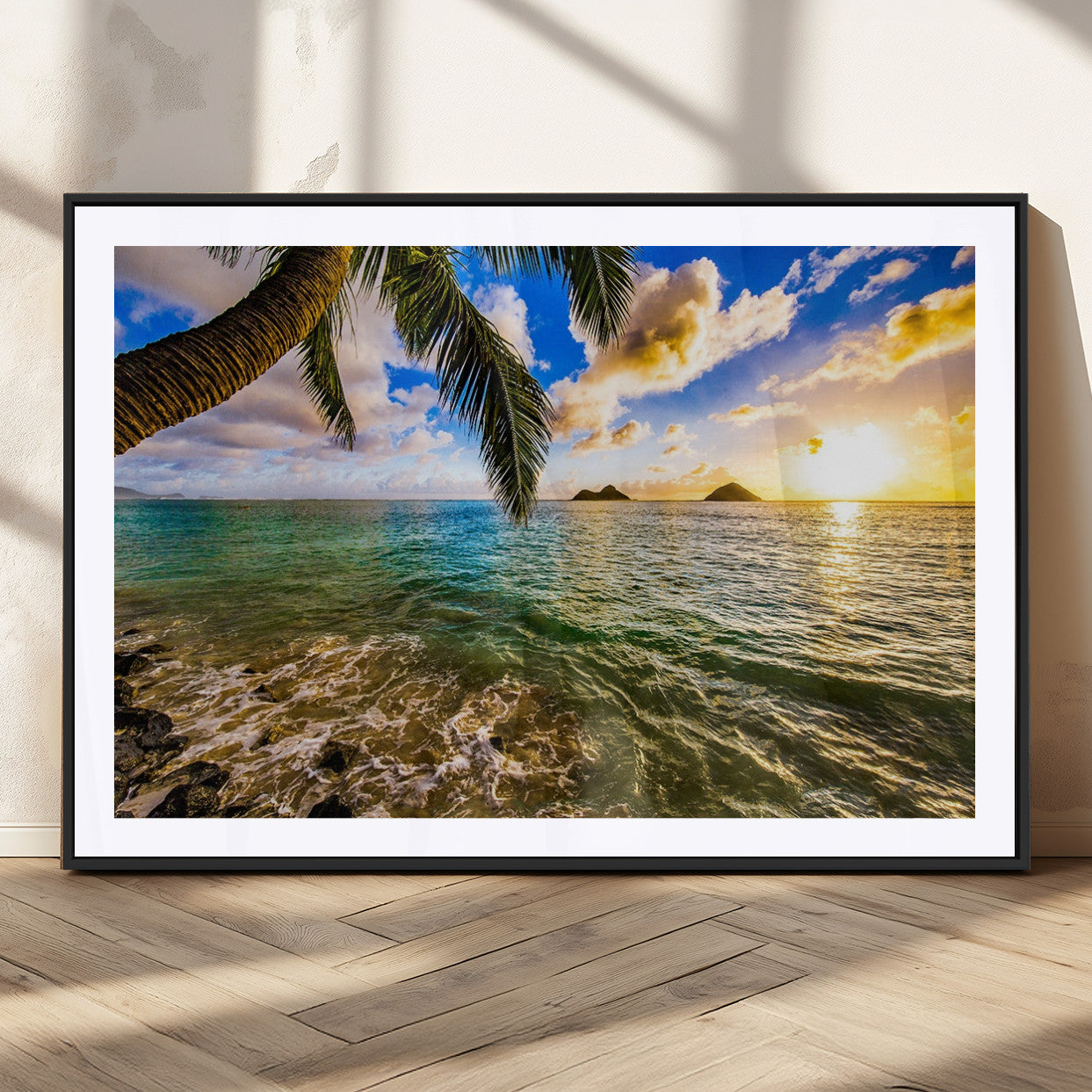 68606-MGC-FP-36x24_Black-Tropical Palm Tree Ocean Wall Art – Sunset Beach Seascape Print, Coastal Paradise Decor for Living Room or Office