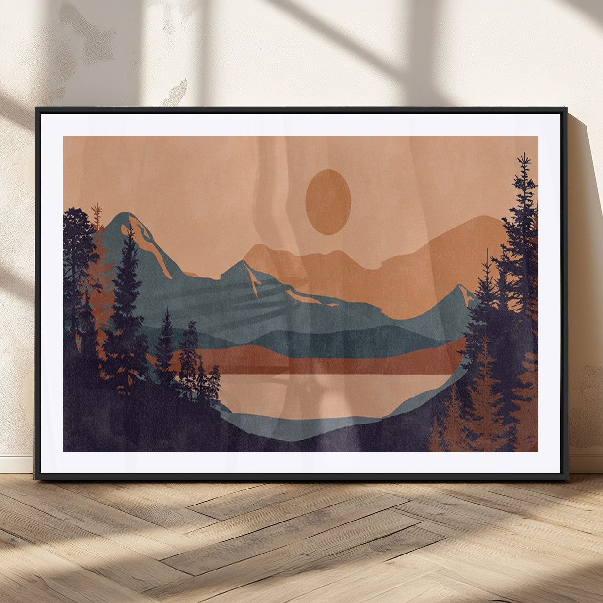 62795-MGC-FP-36x24_Black-Minimalist Mountain Landscape Wall Art – Abstract Sunset Over Peaks and Pine Trees Canvas Print, Modern Nature Decor for Living