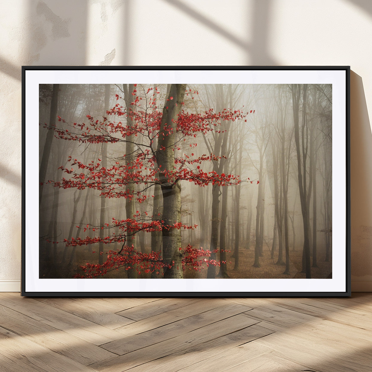 61855-MGC-FP-36x24_Black-Misty Forest Wall Art – Red Tree with Autumn Leaves Canvas Print, Moody Woodland Nature Decor for Living Room, Bedroom, or Office