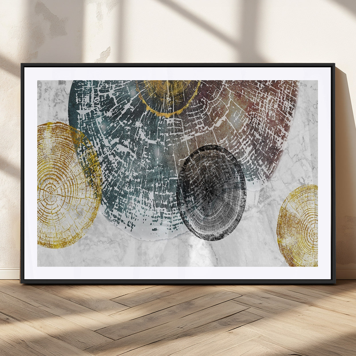 70653-MGC-FP-36x24_Black-Abstract Tree Ring Wall Art – Modern Rustic Wood Slice Canvas Print with Gold Accents, Contemporary Nature Decor for Living Room,