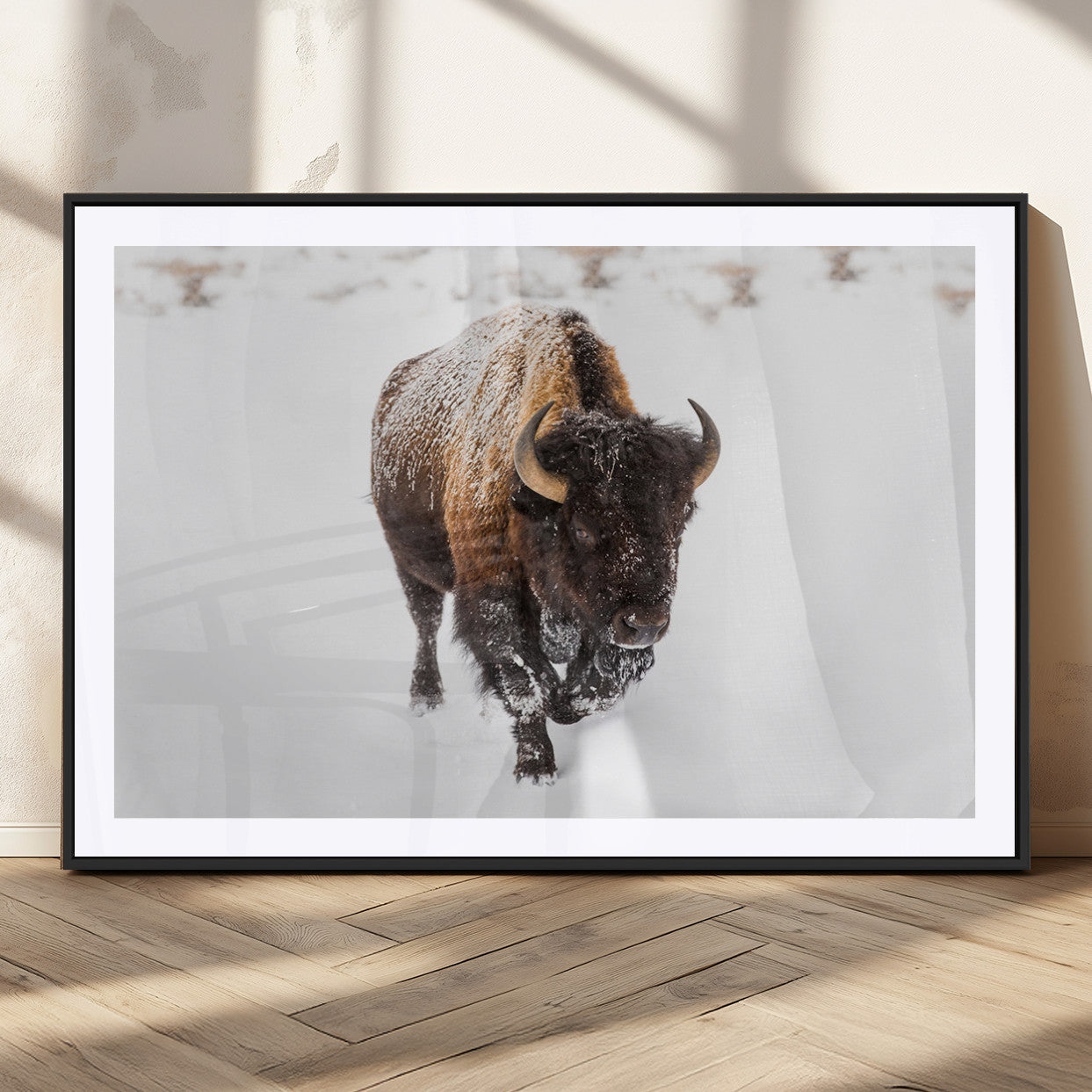 19889-MGV-CV-36X24-Snow Bison Wall Art – Majestic Buffalo Winter Landscape Canvas Print, Rustic Wildlife Photography Decor for Cabin, Lodge, Living