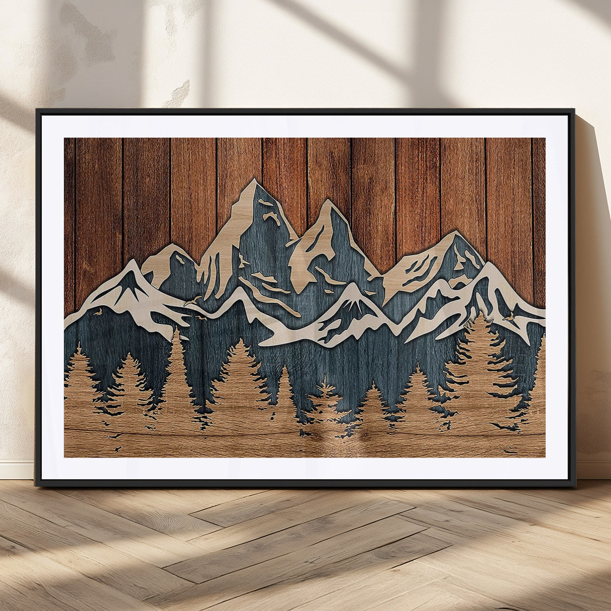 41330-MGV-CV-36X24-Rustic Mountain Wall Art – Wooden Nature Scene with Trees and Peaks, Handmade 3D Layered Decor for Living Room, Cabin or Office