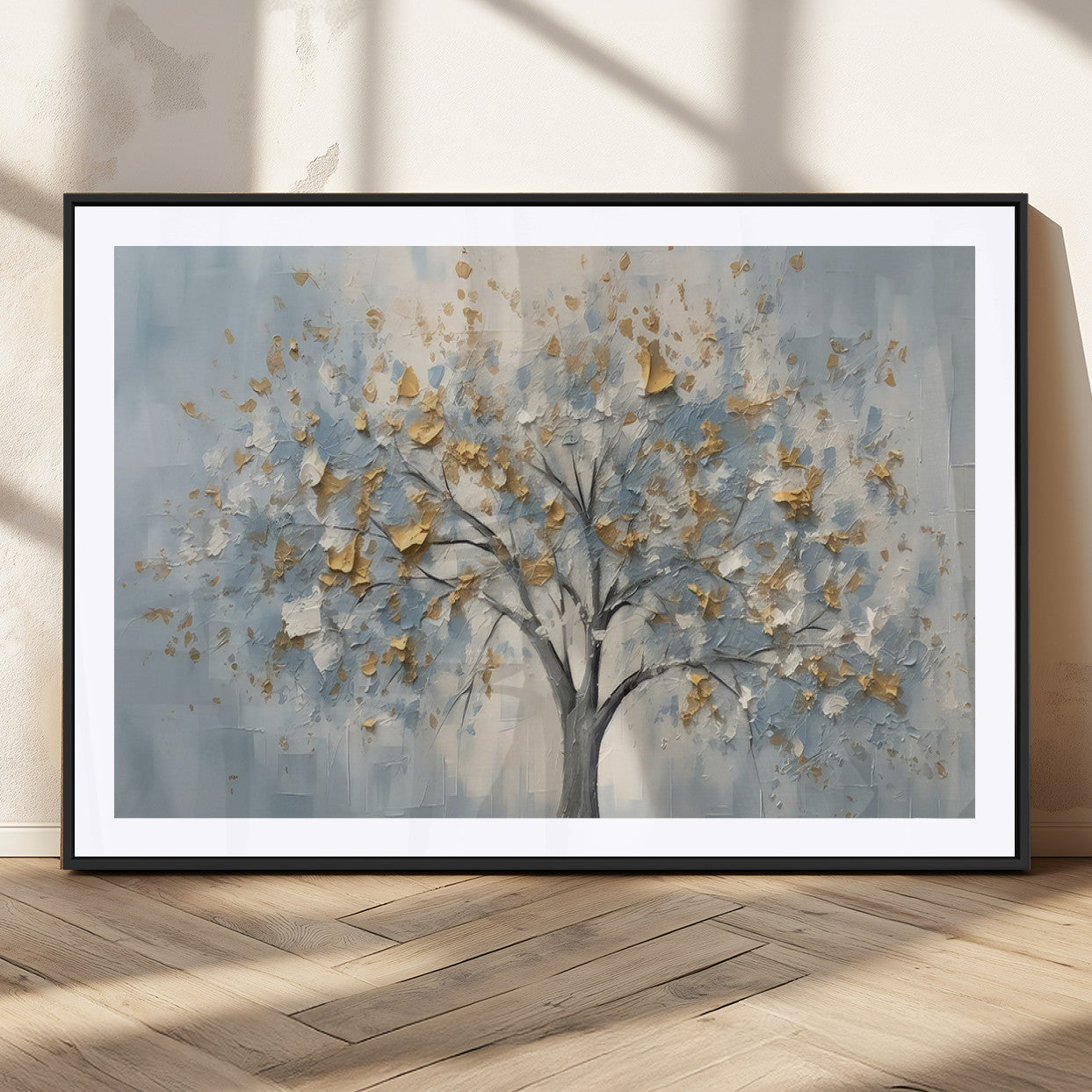 65811-MGV-CV-36X24-Abstract Tree Wall Art – Textured Canvas Painting with Gold and White Leaves, Modern Nature Inspired Decor for Living Room or