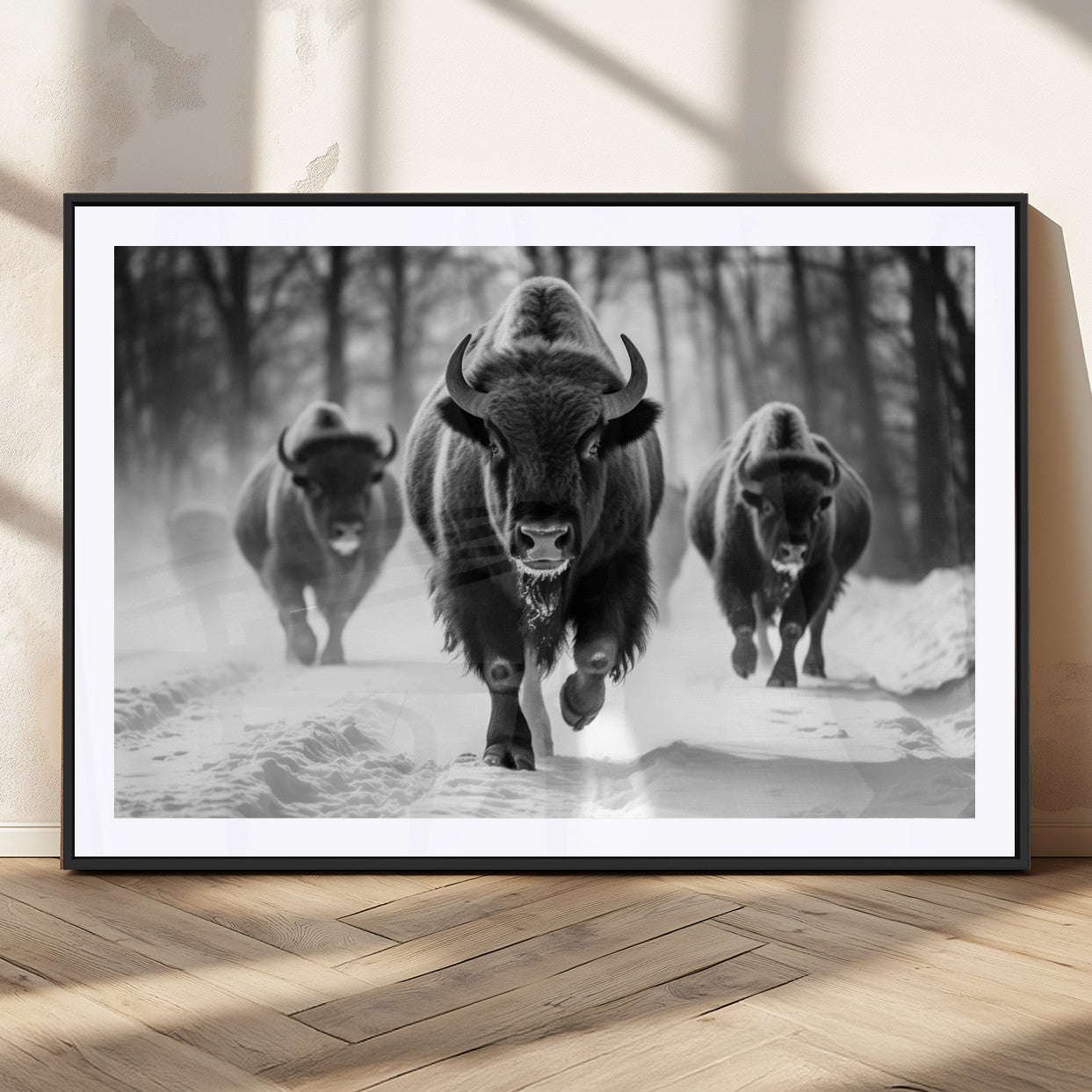97552-MGV-CV-36X24-Black and White Bison Wall Art – Buffalo Herd Running in Snow Canvas Print, Rustic Wildlife Photography Decor for Cabin, Lodge, or