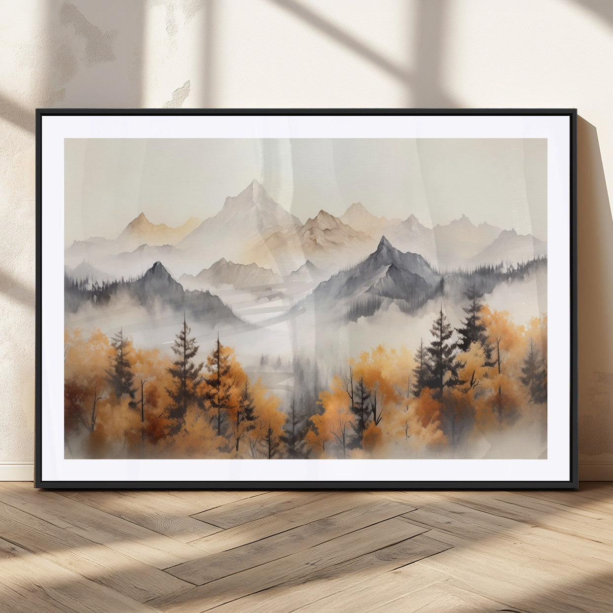 70049-MGC-FP-36x24_Black-Autumn Mountain Forest Wall Art – Misty Landscape Canvas Print, Rustic Nature Inspired Decor for Living Room, Bedroom or Office