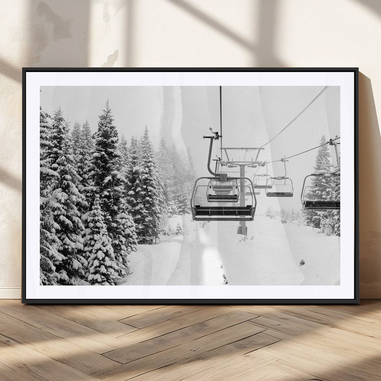 70609-MGV-CV-36X24-Snowy Ski Lift Wall Art – Black and White Winter Mountain Landscape Canvas Print, Rustic Lodge Decor for Cabin, Living Room or