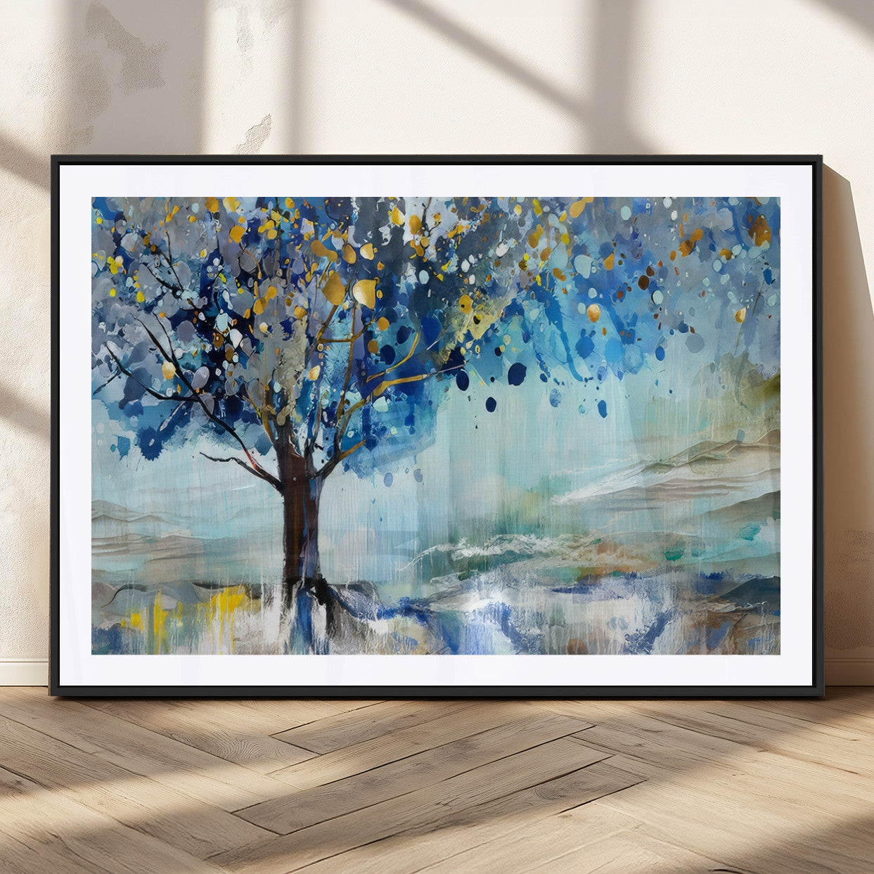 17018-MGC-FP-36x24_Black-Abstract Blue Tree Wall Art – Colorful Canvas Painting with Gold and Silver Accents, Modern Nature Artwork for Living Room,