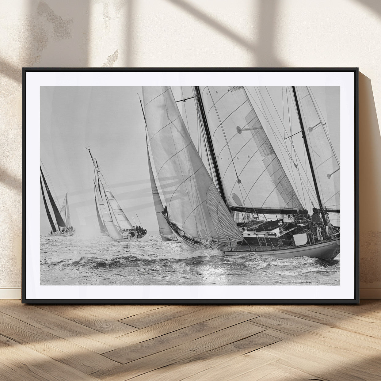 Boat-1-MGV-CV-36X24-Sailboat Racing Wall Art – Nautical Black and White Canvas Print, Ocean Adventure Decor for Office, Living Room or Bedroom
