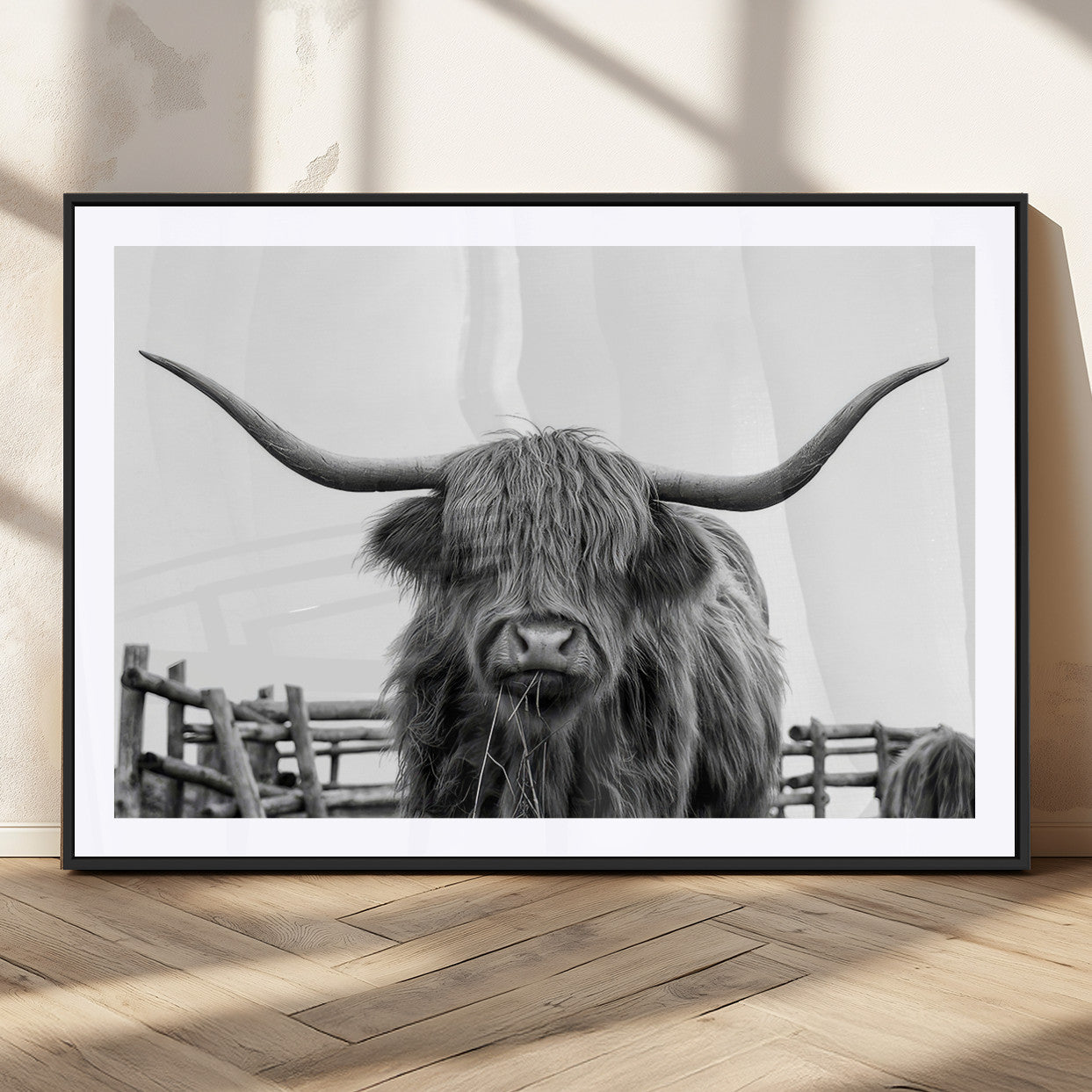 58188-MGC-FP-36x24_Black-Highland Cow Wall Art – Black and White Rustic Farmhouse Canvas Print, Longhorn Cattle Photography Decor for Living Room or