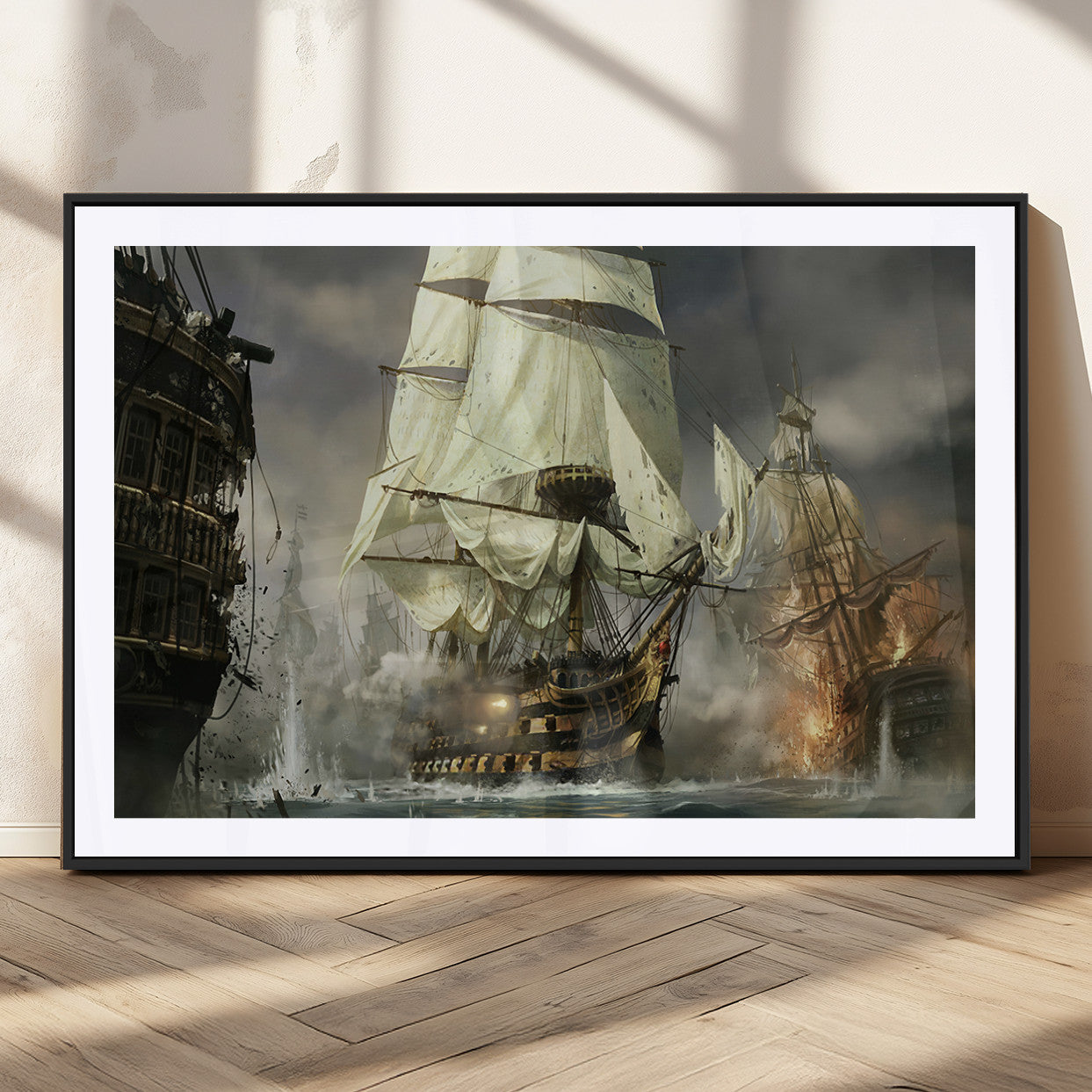 26512-MGC-FP-36x24_Black-Naval Battle Wall Art – Dramatic Tall Ship Canvas Print, Historic Pirate Sailing War Scene, Nautical Decor for Office, Study or
