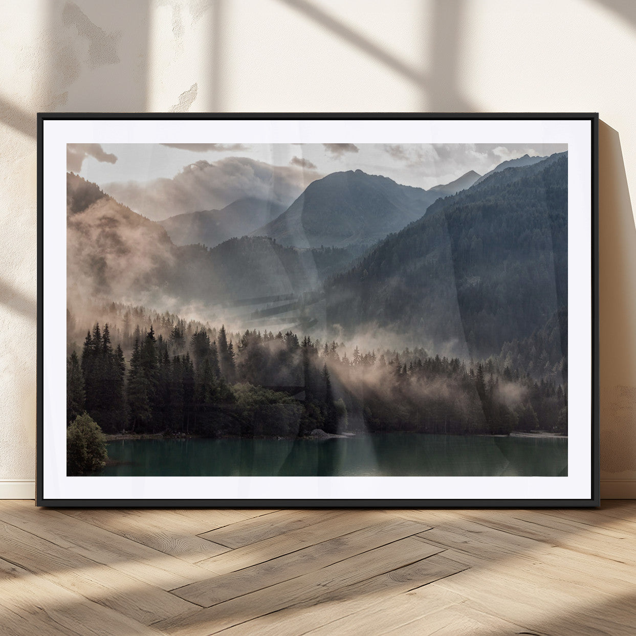 61116-MGC-FP-36x24_Black-Misty Mountain Lake Wall Art – Tranquil Foggy Forest and Lake Canvas Print, Scenic Nature Landscape Decor for Living Room or