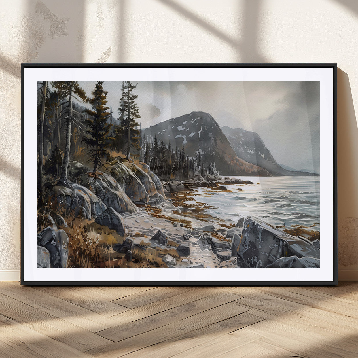 41281-MGV-CV-36X24-Rocky Shoreline Wall Art – Panoramic Mountain Coast and Forest Canvas Print, Rustic Nature Landscape Decor for Cabin, Lodge, or