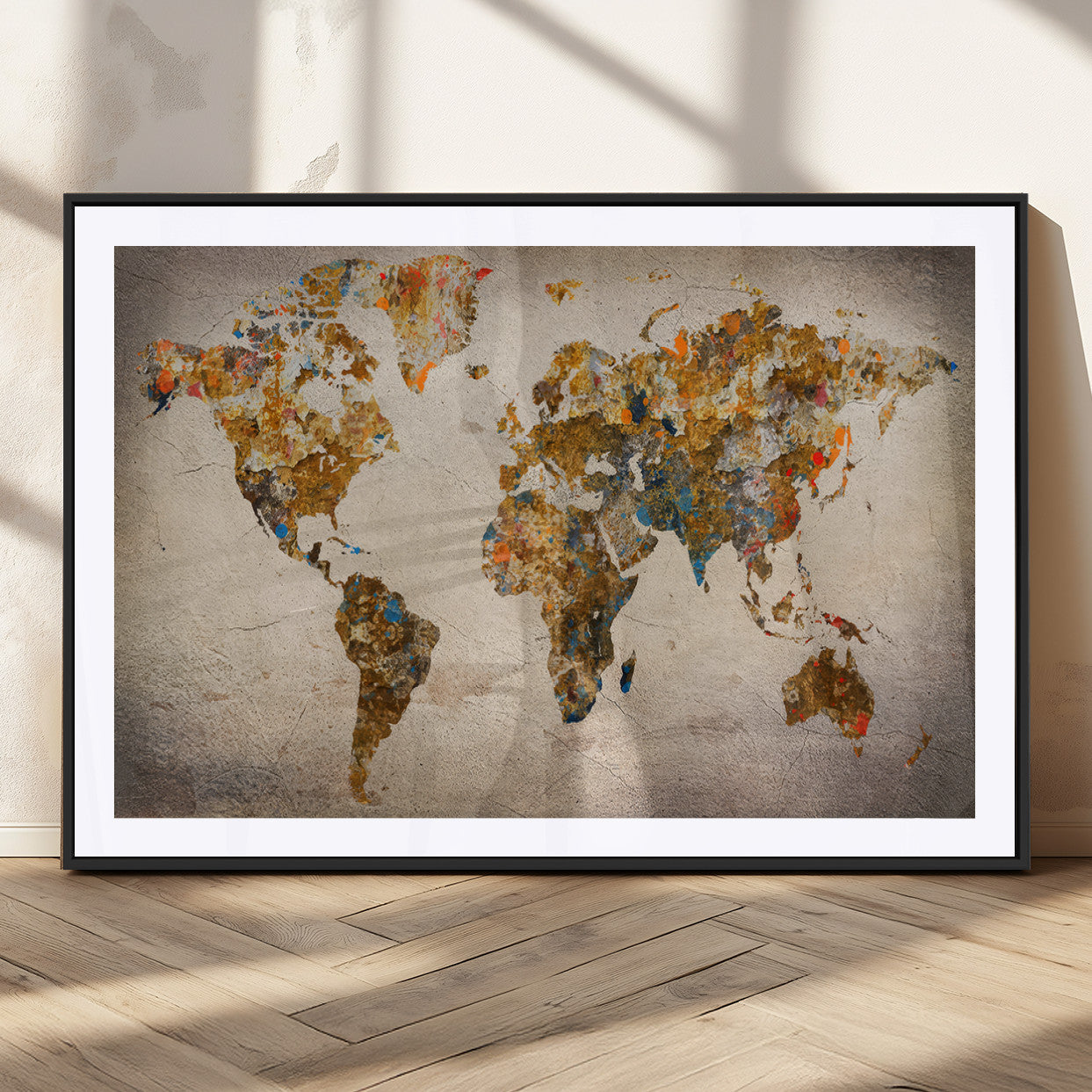 69409-MGV-CV-36X24-World Map Wall Art – Rustic Textured Canvas Print Colorful Vintage Style Map Design, Modern Travel Decor for Living Room, Bedroom,