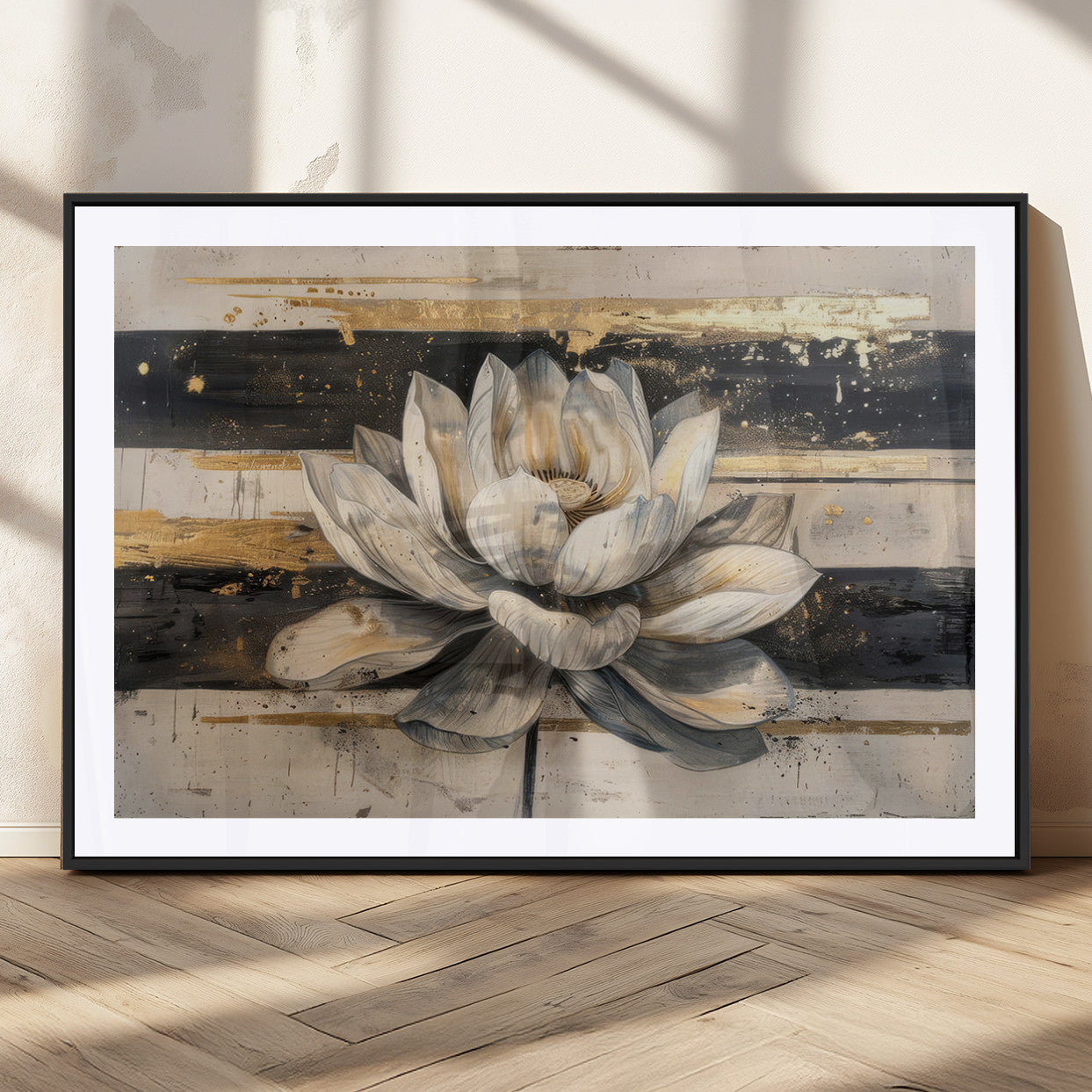 18807-MGC-FP-36x24_Black-Lotus Flower Wall Art Canvas Print, Framed Abstract Lotus Art Picture Print, White Lotus Flower Perfect Abstract Floral Decor