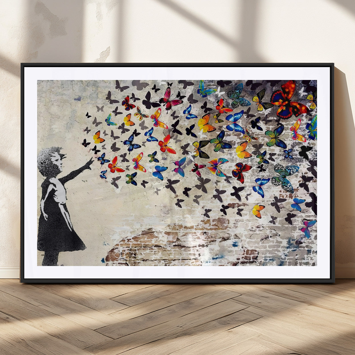 97895-MGV-CV-36X24-Girl with Butterflies Wall Art – Colorful Street Art Style Canvas Print, Modern Graffiti-Inspired Butterfly Artwork for Living
