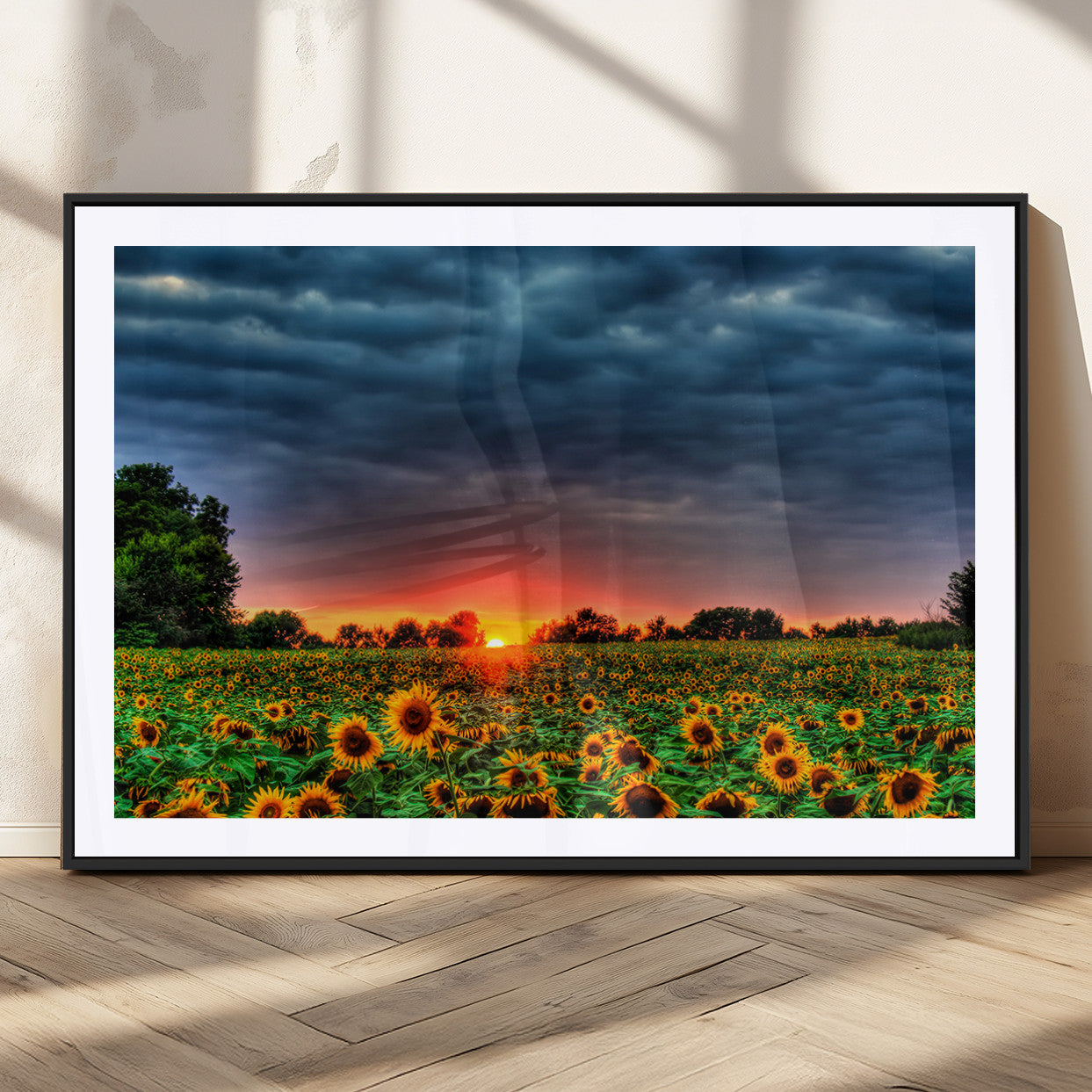 45045-MGC-FP-36x24_Black-Sunflower Field Sunset Wall Art – Dramatic Stormy Sky Landscape Print, Vibrant Yellow Floral Nature Canvas for Living Room,