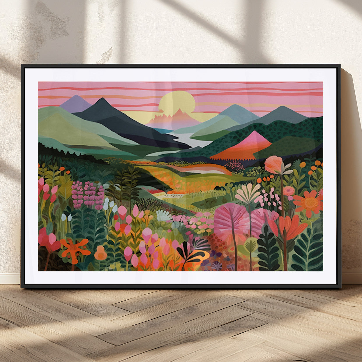 99638-MGC-FP-36x24_Black-Sunset Meadow Wall Art – Panoramic Mountain Landscape with Wildflowers Canvas Print, Vibrant Nature Decor for Living Room, Bedroom