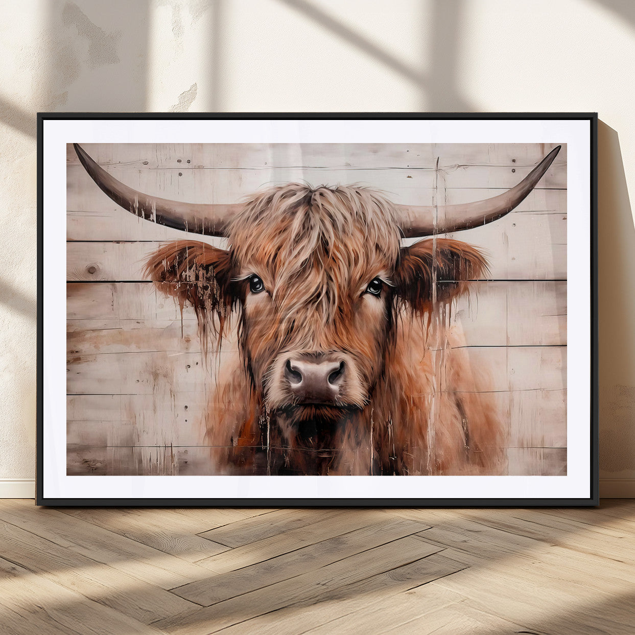 93730-MGC-FP-36x24_Black-Scottish Cow Wall Art Canvas Print, Framed Longhorn Cow Art Picture Print, Highland Cattle Perfect Rustic Farmhouse Decor Artwork