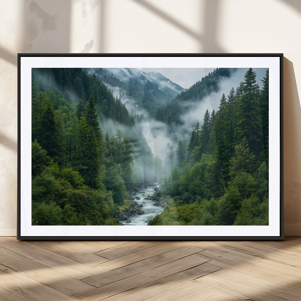 69453-MGC-FP-36x24_Black-Mountain Forest Wall Art – Misty River and Evergreen Landscape Canvas Print, Nature Photography Poster for Living Room, Bedroom,