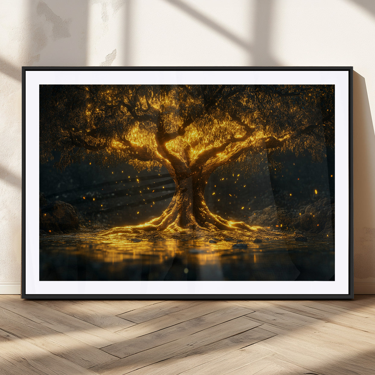 59580-MGC-FP-36x24_Black-Glowing Tree Wall Art – Golden Fantasy Nature Canvas Print, Mystical Illuminated Tree Painting Poster for Living Room, Bedroom,