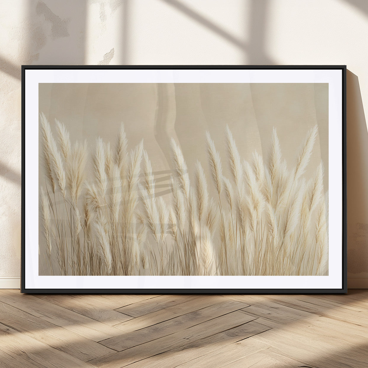 81444-MGC-FP-36x24_Black-Pampas Grass Wall Art Canvas Print, Framed Beige Pampas Grass Art Picture Print, Minimalist Beige Perfect Minimalist Nature Decor