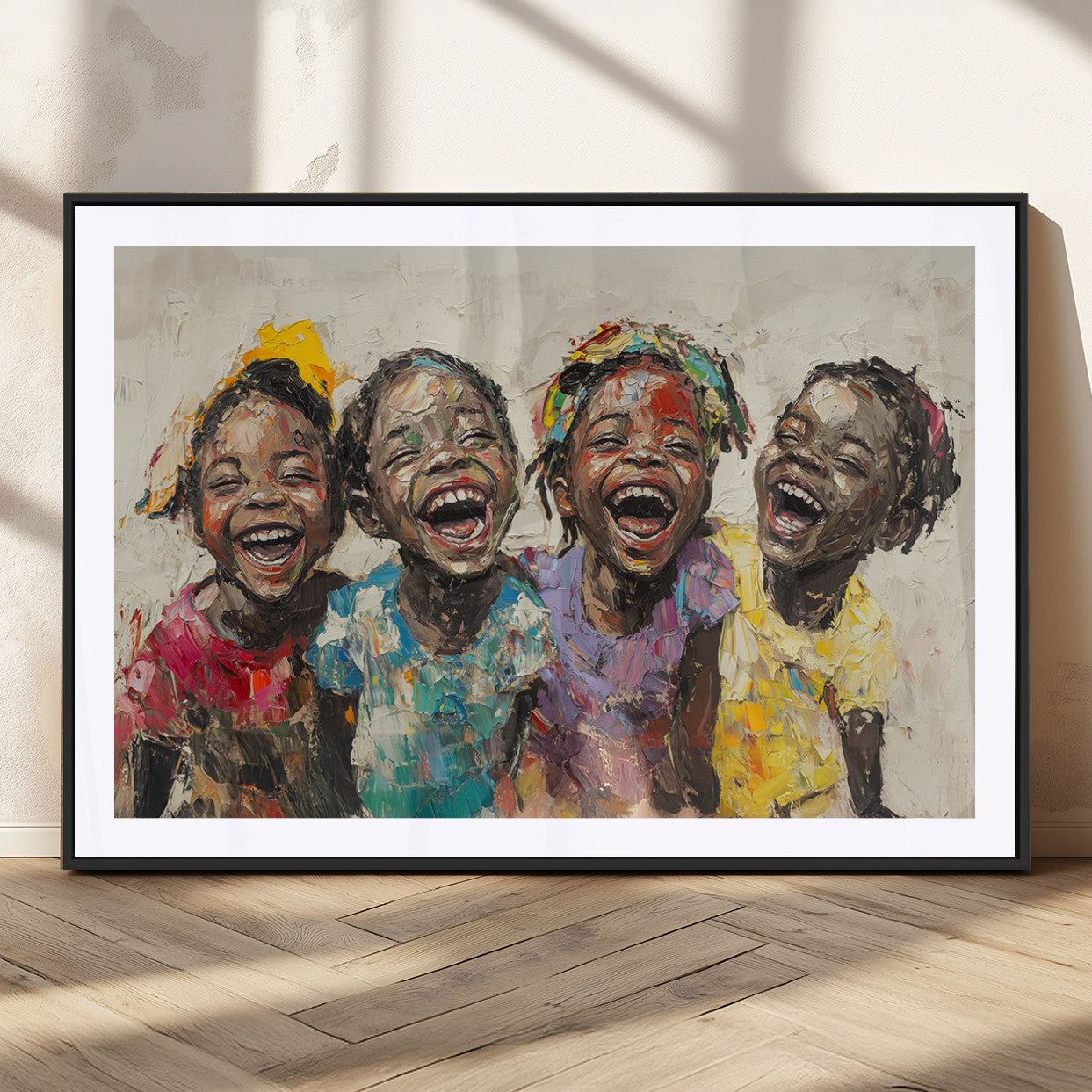 93034-MGV-CV-36X24-Happy Children Wall Art – Colorful Kids Laughing Canvas Print, Joyful Expressionist Painting for Living Room, Playroom, Office or