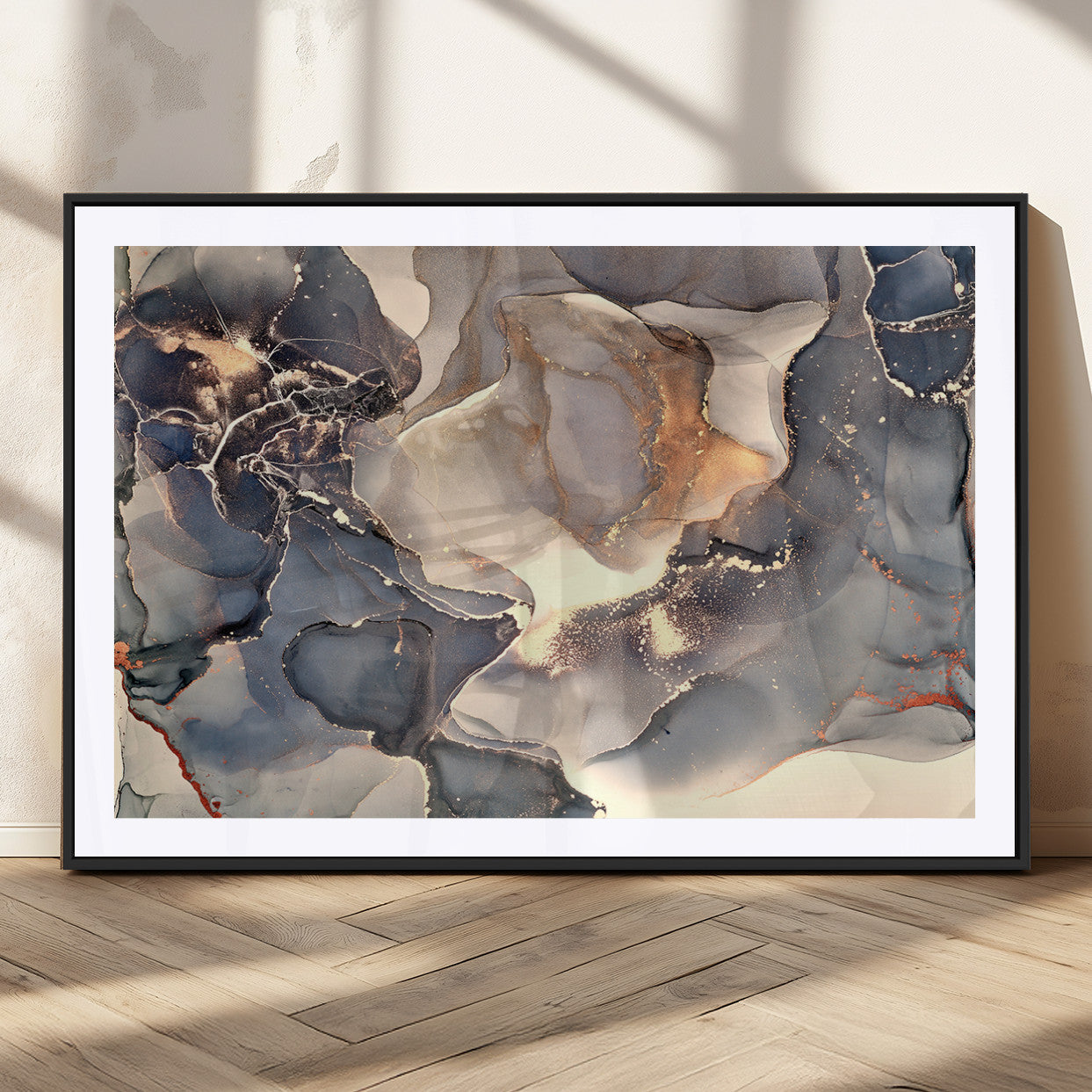 18202-MGV-CV-36X24-Abstract Neutral Wall Art – Blue, Beige and Gold Fluid Ink Canvas Print, Modern Minimalist Painting for Living Room, Office