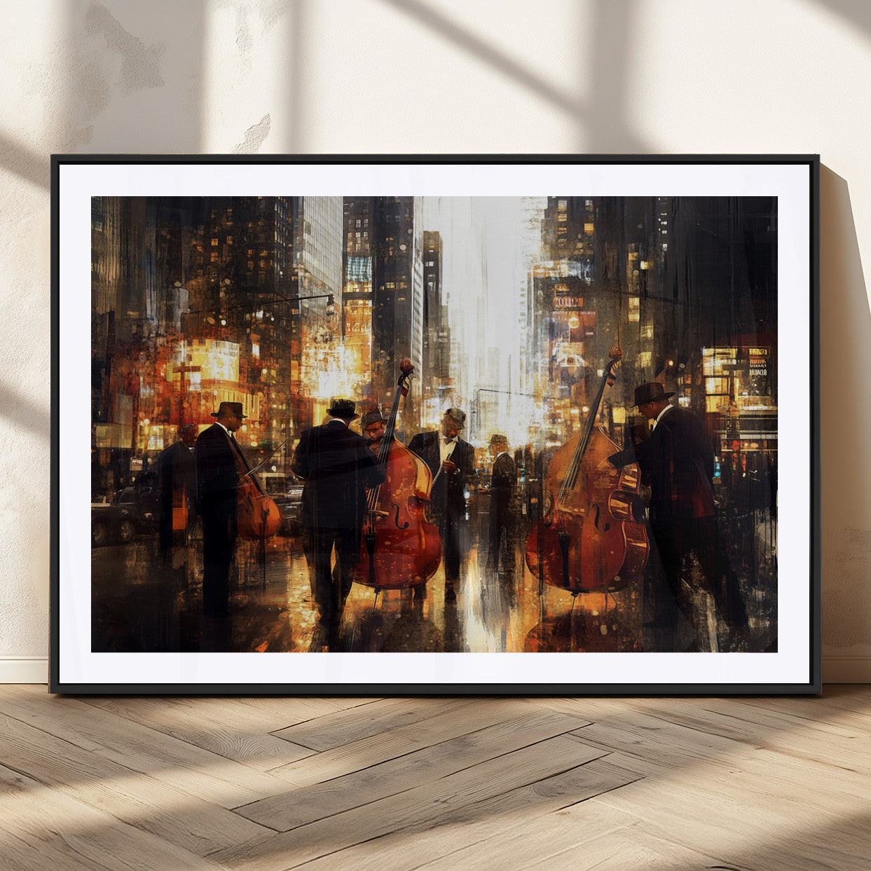 58782-MGV-CV-36X24-Jazz Musicians Cityscape Wall Art – Vibrant Urban Night Canvas Print, Elegant Music Themed Decor for Living Room, Office, or Music