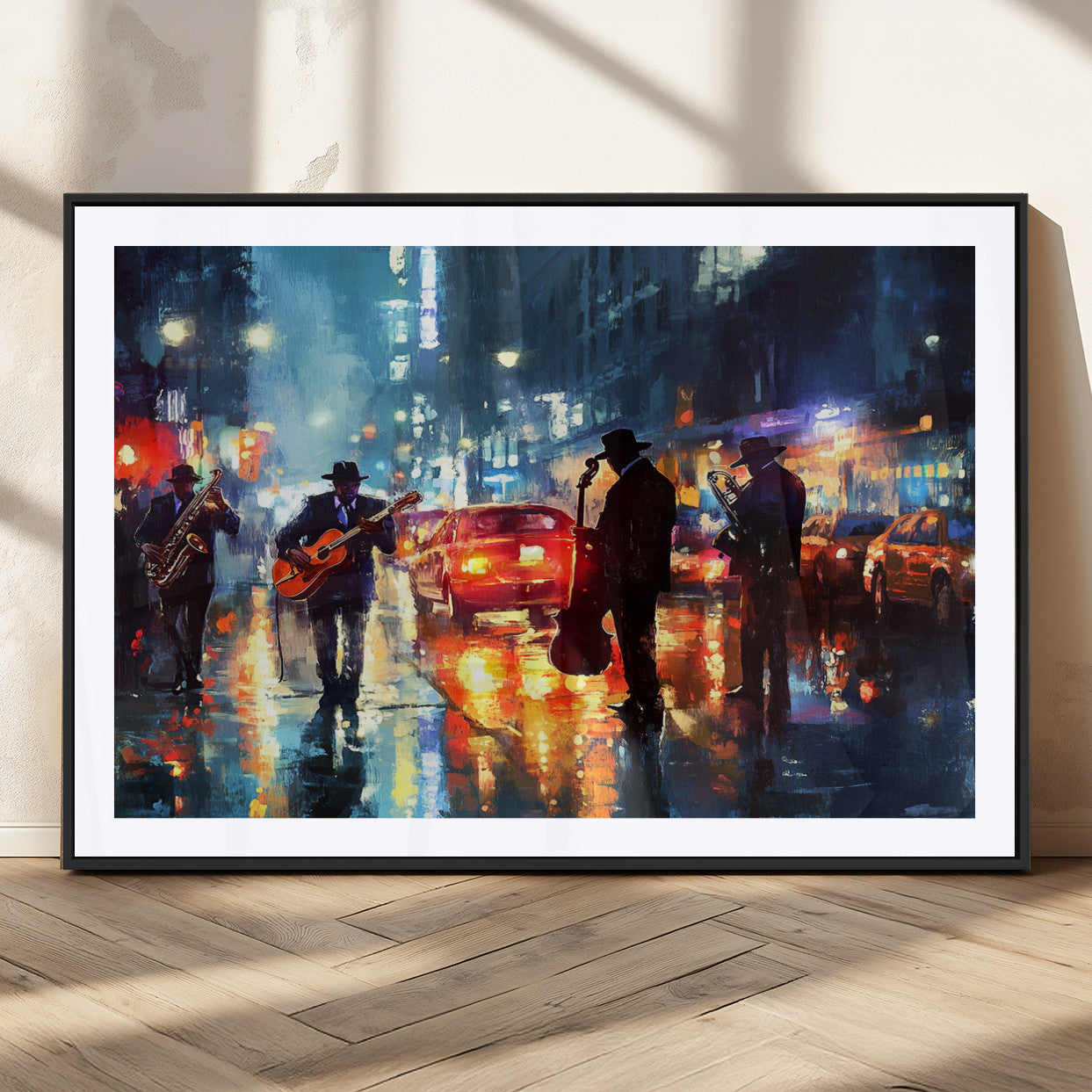 94605-MGC-FP-36x24_Black-City Jazz Night Wall Art – Vibrant Music Canvas Print Featuring Saxophone, Guitar and Bass Players, Urban Street Scene Artwork for