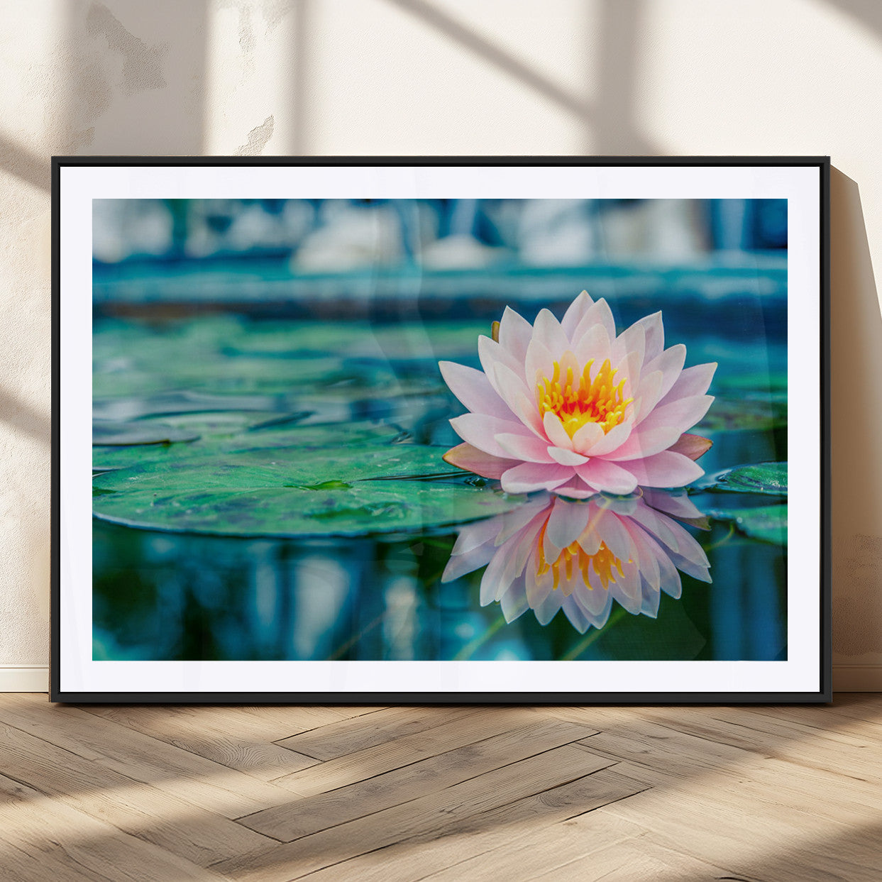 65933-MGC-FP-36x24_Black-Pink Water Lily Wall Art – Lotus Flower Canvas Print with Reflection on Calm Water, Peaceful Botanical Artwork for Living Room,