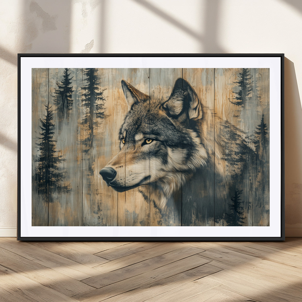 51892-MGV-CV-36X24-Wolf Wall Art – Rustic Canvas Print of Wolf with Forest Trees on Wood Texture, Wildlife Lodge Artwork for Living Room, Bedroom,