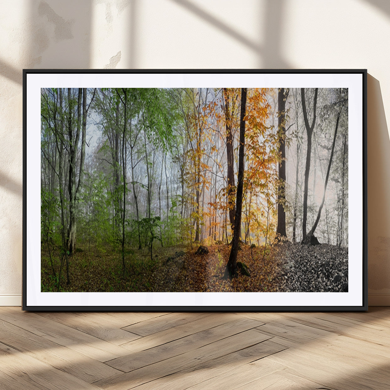 95317-MGC-FP-36x24_Black-Four Seasons Forest Wall Art – Panoramic Nature Canvas Print Showing Spring, Summer, Autumn and Winter Landscape for Living Room,