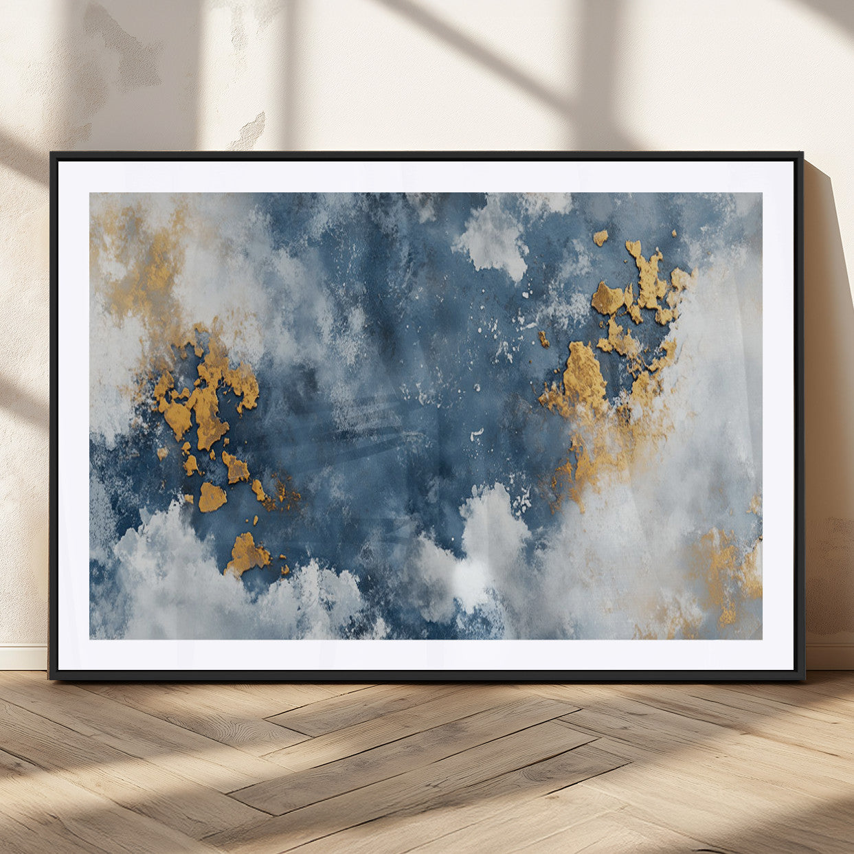 39575-MGC-FP-36x24_Black-Blue and Gold Abstract Wall Art – Modern Canvas Print Featuring Cloudy Textures with Metallic Accents, Contemporary Artwork for