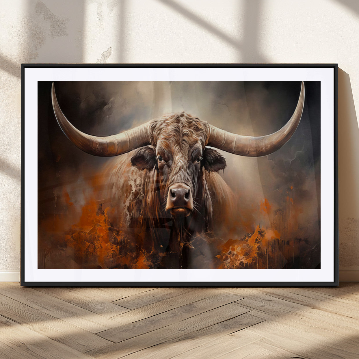 240479-MGC-FP-36x24_Black-Longhorn Bull Wall Art – Dramatic Western Canvas Print Featuring Horned Bull with Fiery Background, Rustic Farmhouse Artwork for