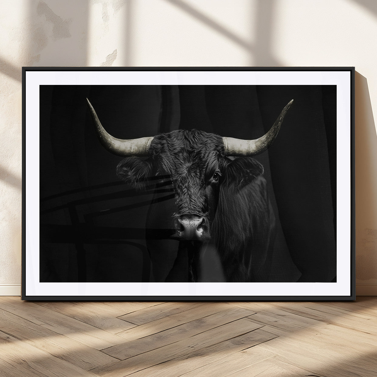 97914921-MGC-FP-36x24_Black-Black Bull Wall Art Canvas Print, Framed Longhorn Bull Art Picture Print, Western Bull Perfect Monochrome Western Decor Artwork