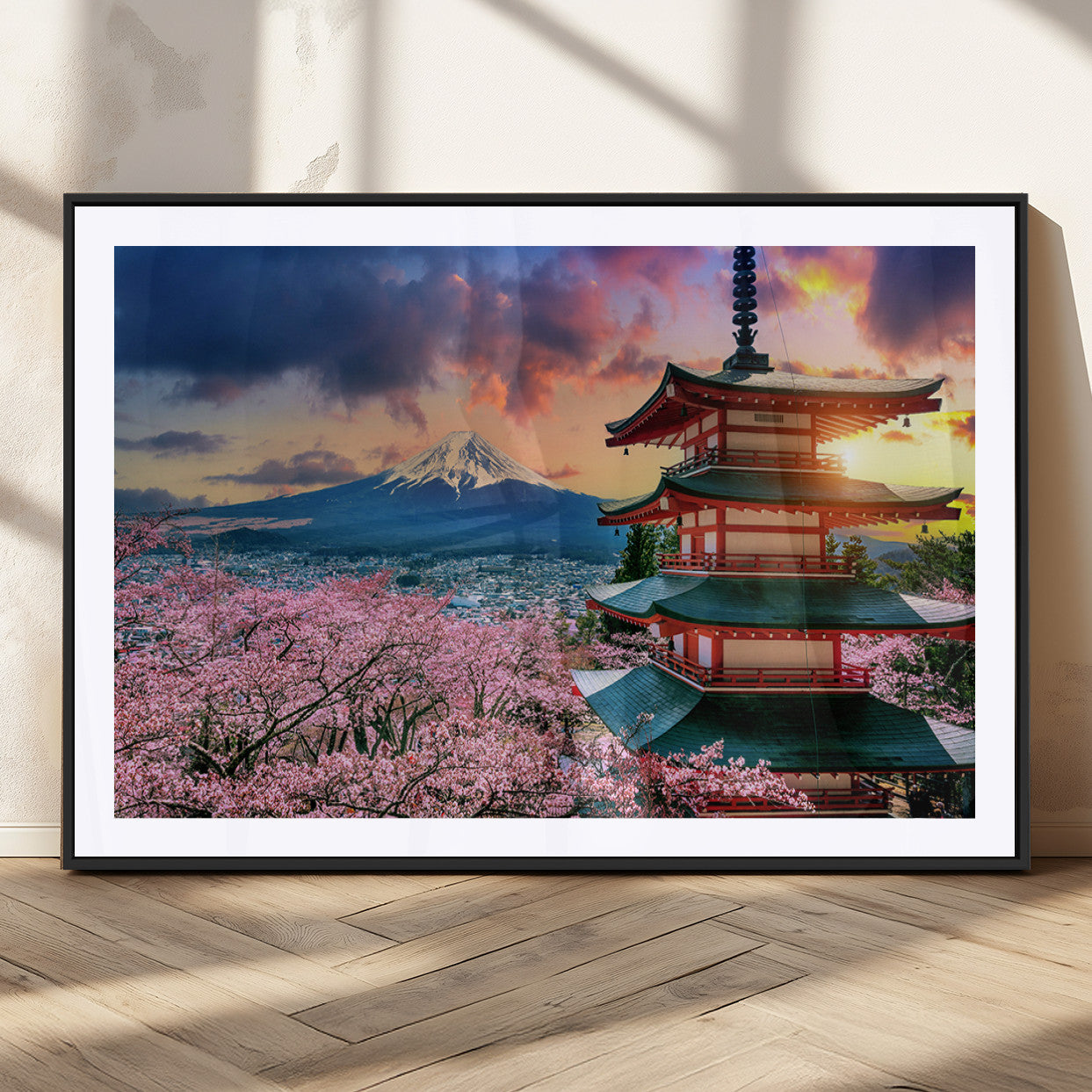 32331262-MGV-CV-36X24-Mount Fuji Japan Wall Art – Cherry Blossom Landscape Canvas Print, Chureito Pagoda Sunset Photography, Japanese Nature Travel