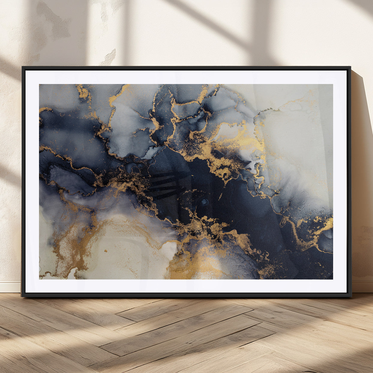 41136487-MGV-CV-36X24-Black Marble Wall Art Canvas Print, Framed Gold Veins Art Picture Print, Abstract Texture Perfect Moody Luxe Decor Artwork