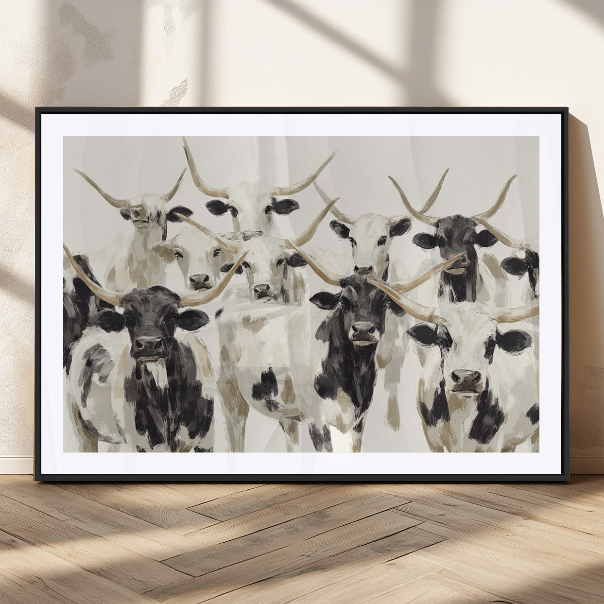 52947970-MGC-FP-36x24_Black-Texas Longhorn Wall Art Canvas Print, Framed Cattle Herd Art Picture Print, Herd Portrait Perfect Modern Farmhouse Decor Artwork
