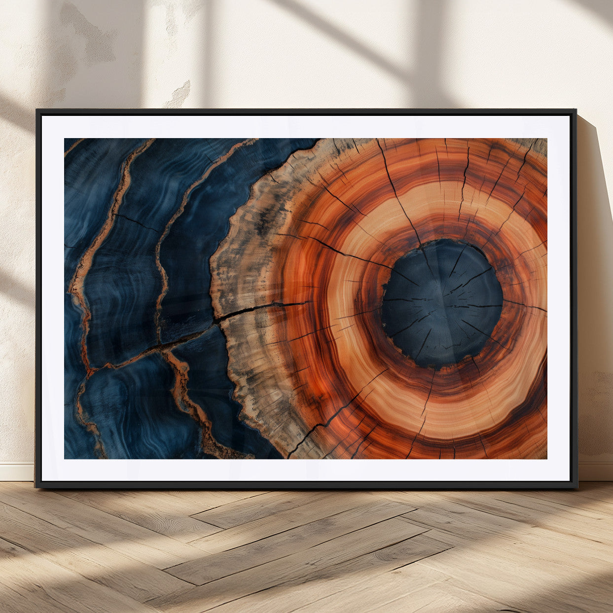 41123192-MGV-CV-36X24-Tree Ring Canvas Wall Art – Abstract Blue Orange Wood Grain Print, Rustic Modern Nature Artwork for Living Room, Bedroom, Office