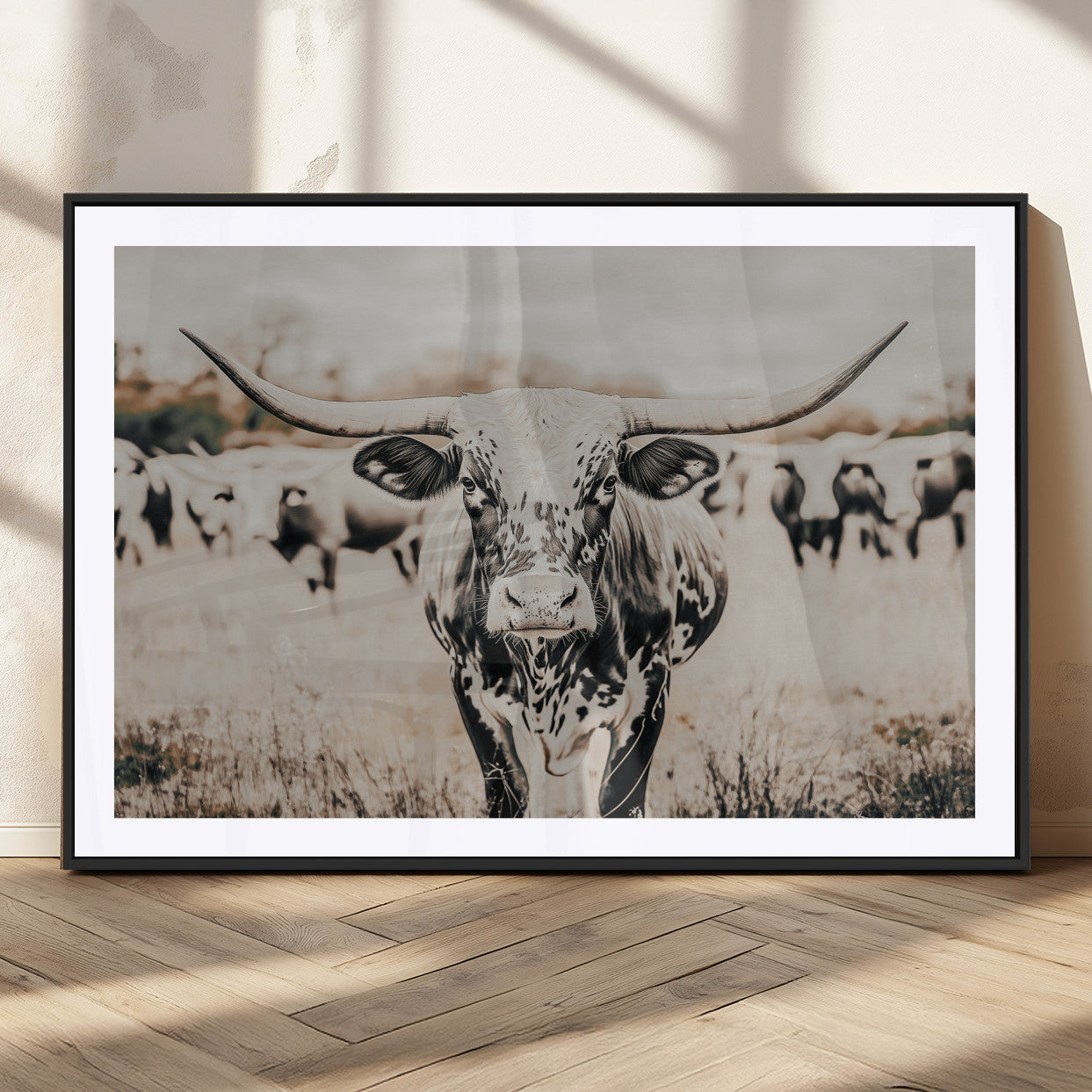 27497342-MGC-FP-36x24_Black-Texas Longhorn Wall Art Canvas Print, Framed Speckled Cow Art Picture Print, Horned Cattle Perfect Rustic Western Decor Artwork