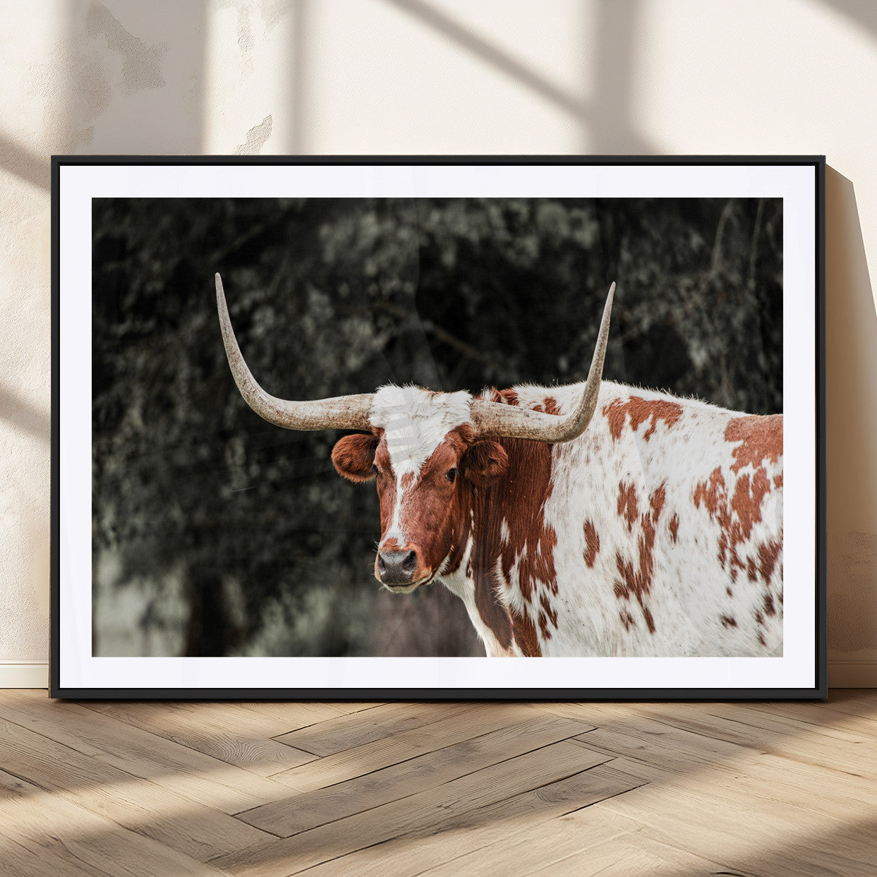 54027638-MGV-CV-36X24-Texas Longhorn Wall Art Canvas Print, Framed Spotted Cow Art Picture Print, Horned Bull Perfect Rustic Western Decor Artwork