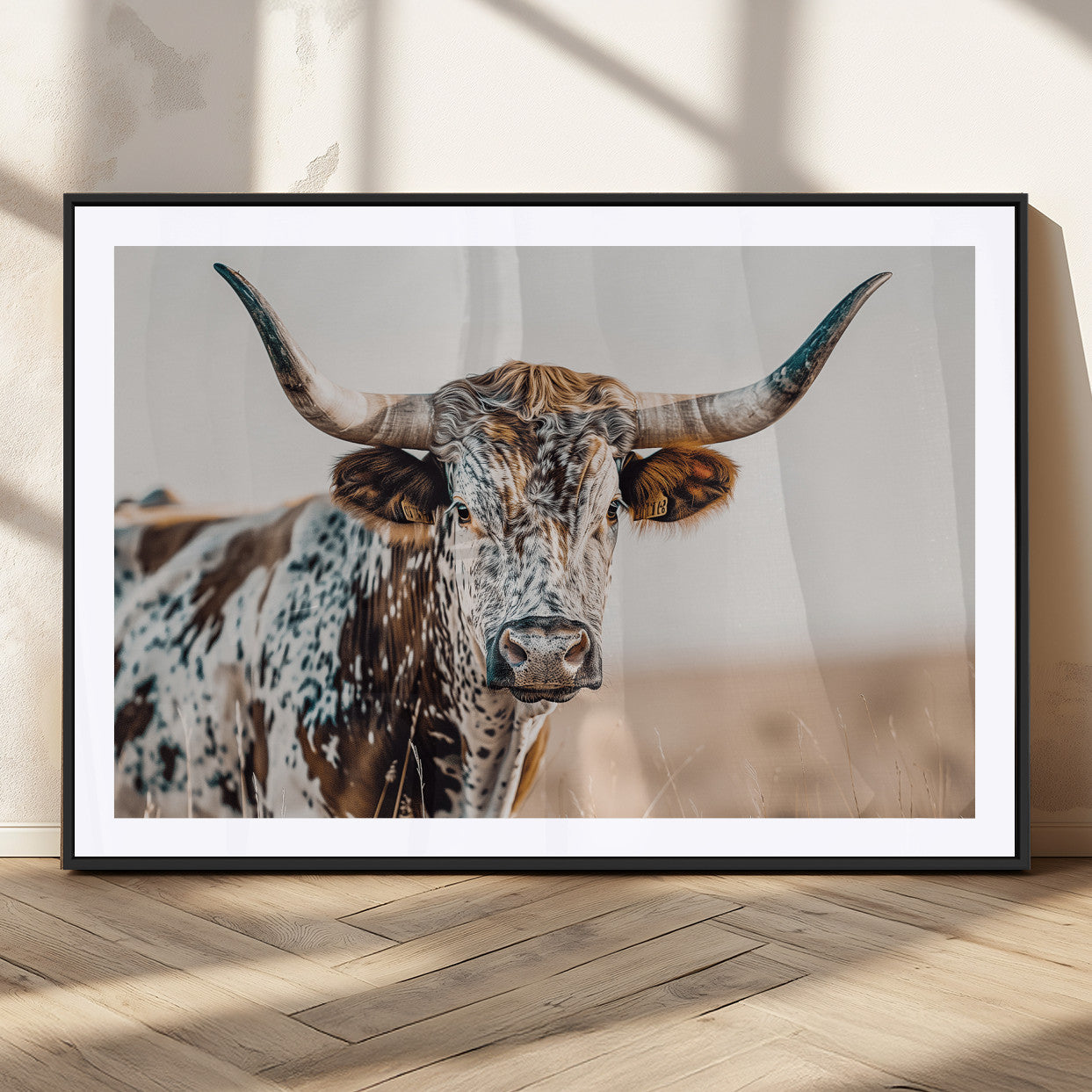 70414966-MGV-CV-36X24-Texas Longhorn Wall Art Canvas Print, Framed Speckled Cow Art Picture Print, Horned Bull Perfect Rustic Western Decor Artwork