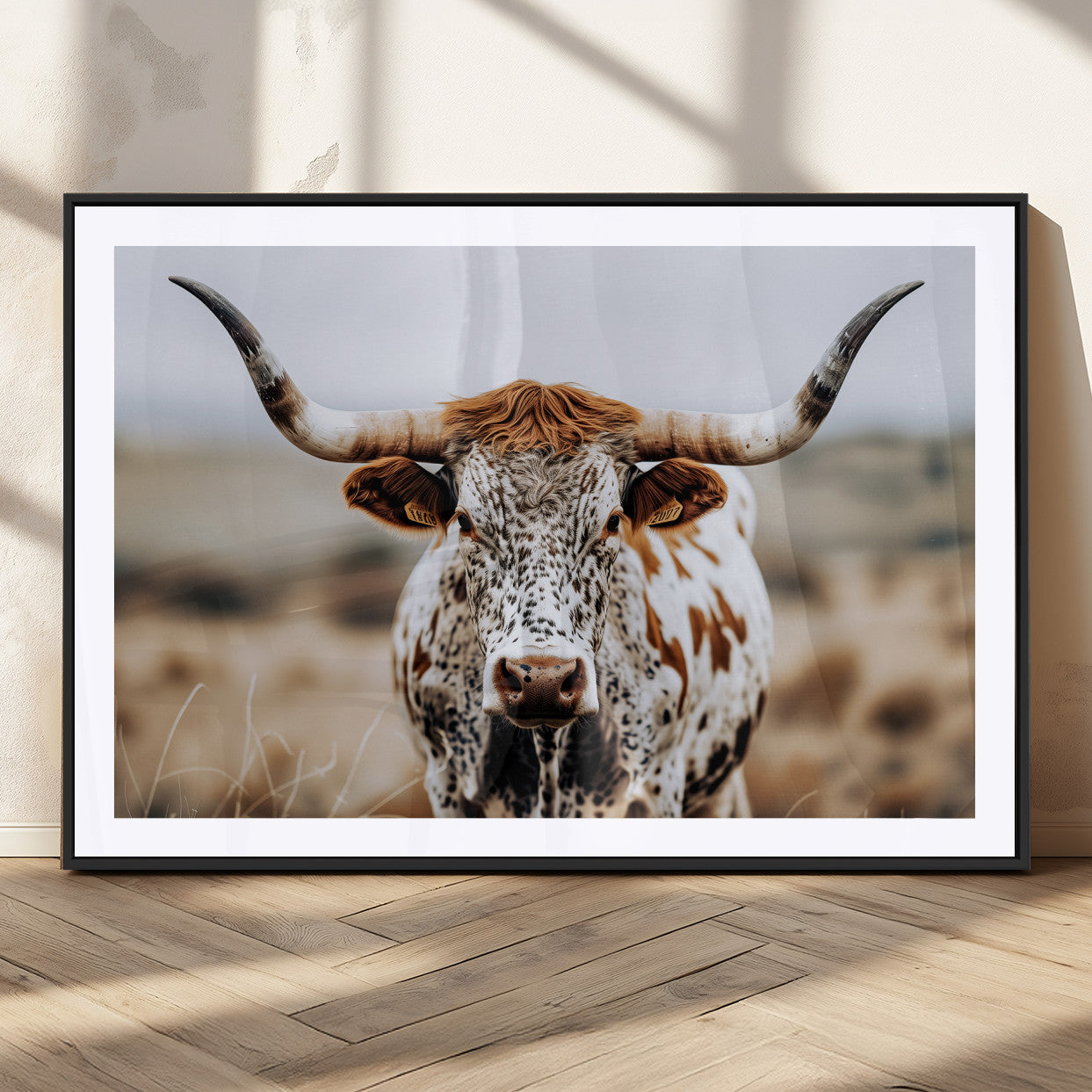 76294381-MGC-FP-36x24_Black-Texas Longhorn Wall Art Canvas Print, Framed Spotted Cow Art Picture Print, Horned Cattle Perfect Rustic Western Decor Artwork